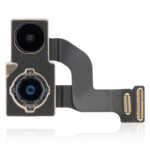 iPhone 12 back camera with dual-LED flash and lens, close-up of silver aluminium housing for mobile repair or parts