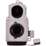 iPhone 16 back camera with dual-LED flash and lens, close-up of silver aluminium housing for mobile repair or parts